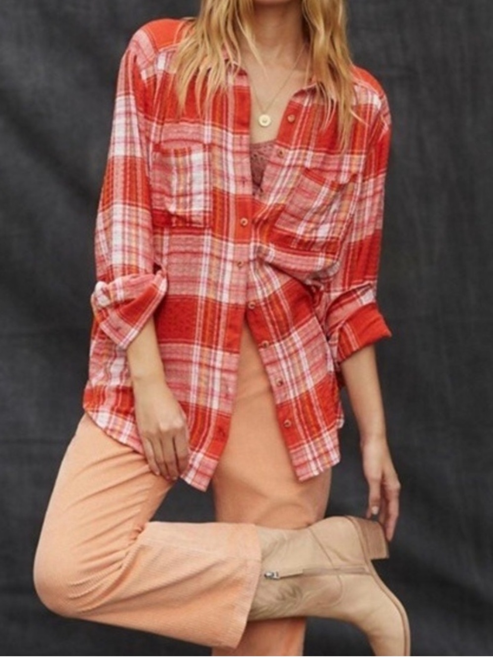 Anthropologie Pilcro Oversized Red Plaid Button-Up Shirt (Large) - Picture 1 of 6